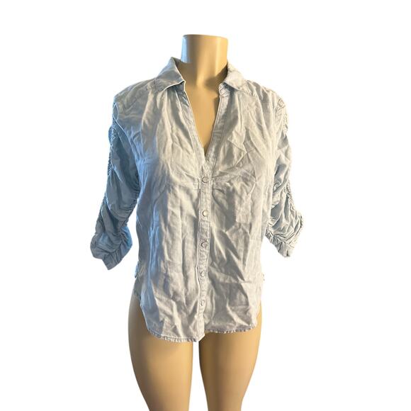Women 6 Veronica Beard Jeans Denim Chambray Shirt Top Blouse Ruched Snap Button - Picture 2 of 6